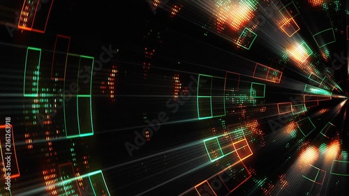 High speed journey through a cyberspace data tunnel. Glowing digital geometry creates a dynamic cyberpunk atmosphere for technology, gaming and futuristic tech concepts.