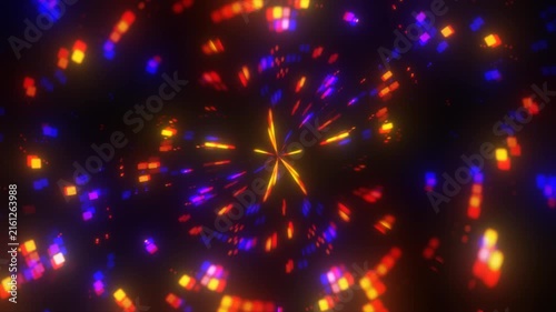 Vibrant digital explosion of glowing square particles. Retro wave energetic aesthetic ideal for gaming streams, vj loops, music videos and dynamic abstract backdrops.