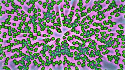 Dynamic outward burst of microscopic elements. Perfect for science visuals, medical presentations, technology themes, and vibrant energetic motion graphics.