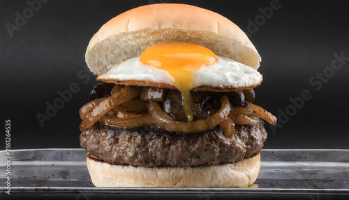Gourmet beef burger with sunny side up egg and sauteed onions on brioche bun close view.