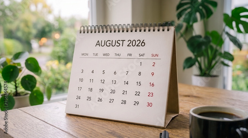 Konstfotografi A desk calendar showing August 2026 sits on a wooden table