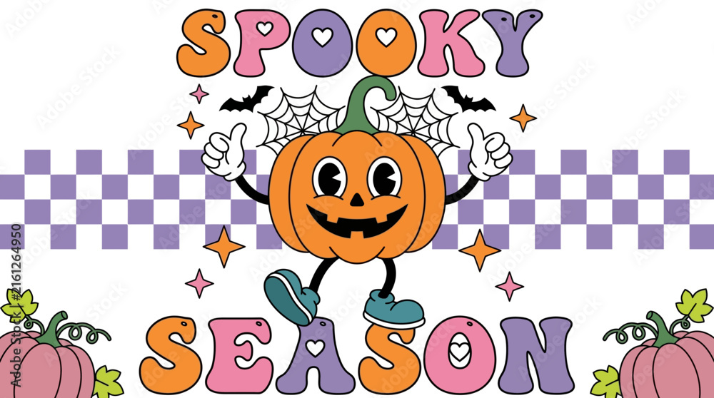 Fototapeta premium Retro Groovy Halloween Pumpkin Character with Spooky Season Text