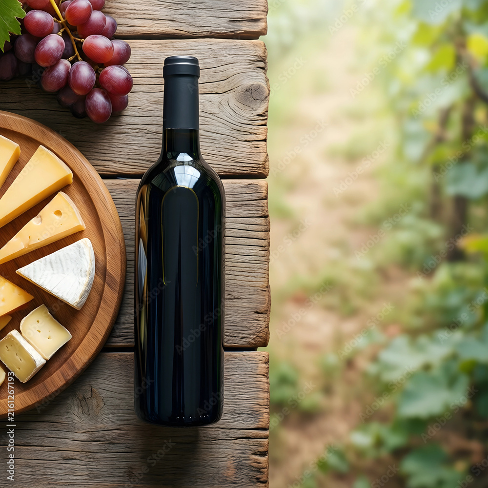 Naklejka premium Wine tasting and vineyard experience, red wine bottle with cheese and grapes on a rustic wooden table outdoors