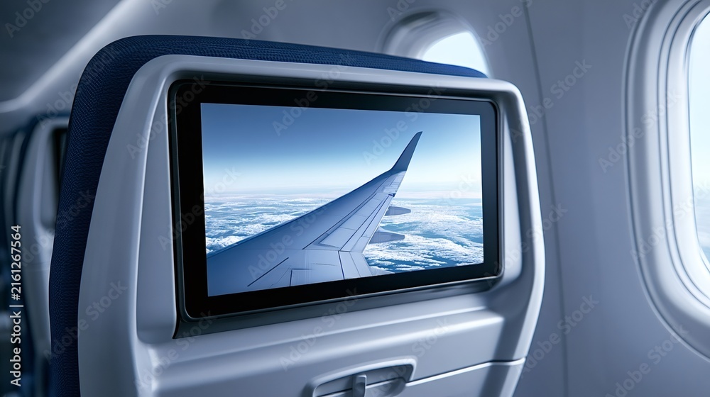 Naklejka premium Airplane seat back monitor showing an aerial view of an aircraft wing above clouds and a clear blue sky, illustrating in flight entertainment and modern travel experience from the cabin