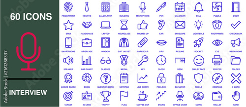Interview icon set displays sixty linear purple vector symbols for business hiring, human resources, corporate communication, and recruitment.