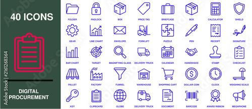 Digital procurement icons set contains modern line vectors for supply chain management, purchasing, logistics, and checklist data.