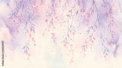 Watercolor floral background with hanging spring cherry blossoms and weeping branches in soft pastel purple and pink tones