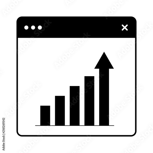 Minimalist icon of a web browser displaying a bar chart with an upward arrow, representing increasing statistics, positive business growth, and successful digital analytics data