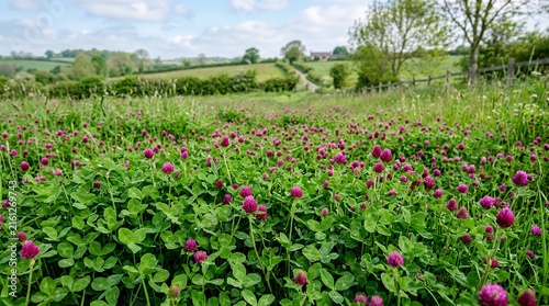 Lush carpet of vibrant clover shaped foliage dotted with delicate small magenta wild blossoms capturing a fresh spring meadow atmosphere leaves woodsorrel pink green flower plant gardening wild