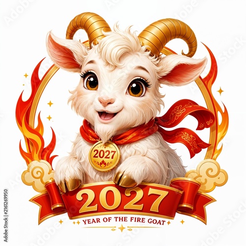 Cute cartoon goat character celebrating Year of the Fire Goat 2027  