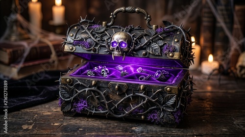 Mystical Gothic Trinket Chest with Thorned Frame, Purple Glow and Skull Lock, Isolated Halloween Decor