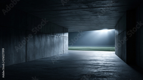 Concrete stadium tunnel entrance looking out onto illuminated sports field under bright floodlights at night.
