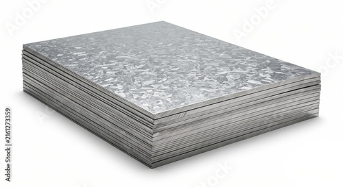 Stack of shiny galvanized steel sheets isolated on white. Heavy metal plates with crystalline zinc spangle texture for construction and manufacturing.