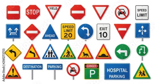 Collection Of Diverse Road Safety Traffic Signs And Symbols Set