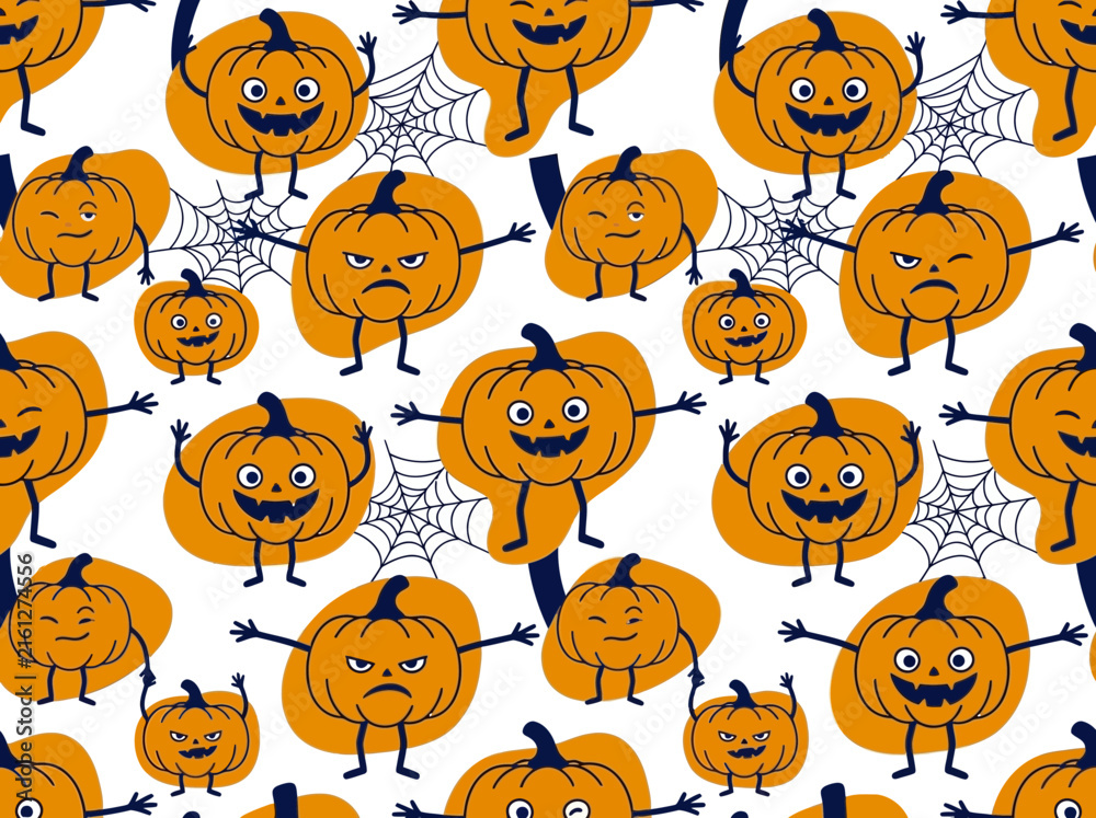Obraz premium Cute Halloween seamless pattern with expressive cartoon pumpkins and spider webs