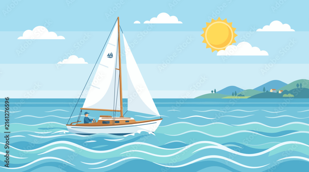 Naklejka premium Flat vector illustration of a sailboat sailing on blue ocean waves under a bright sun and clear sky near green coastal hills