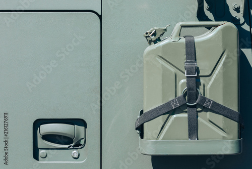 Jerry Can Secured to the Side of a Green Military Vehicle