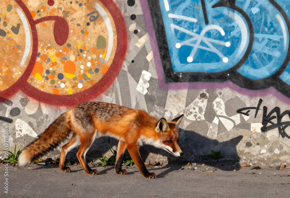 Naklejka premium Urban wildlife and nature in the city, red fox walking on pavement with graffiti wall background in sunlight