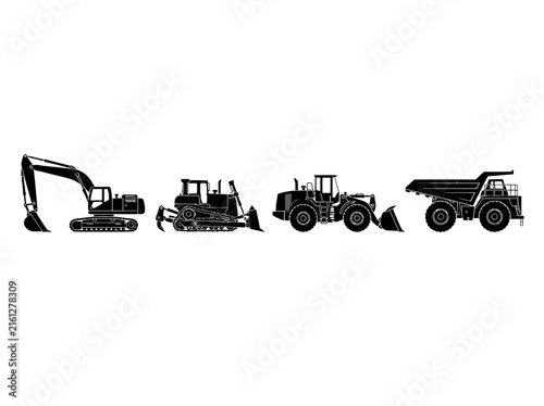Industrial heavy equipment silhouettes for construction and mining design.
