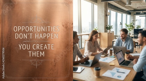 Motivational Office Meeting with Friends Discussing Business Strategy and Creating Opportunities in Modern Workspace with Natural Light and Technology