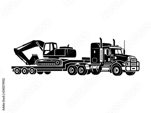 Semi-truck transporting heavy excavator silhouette.
