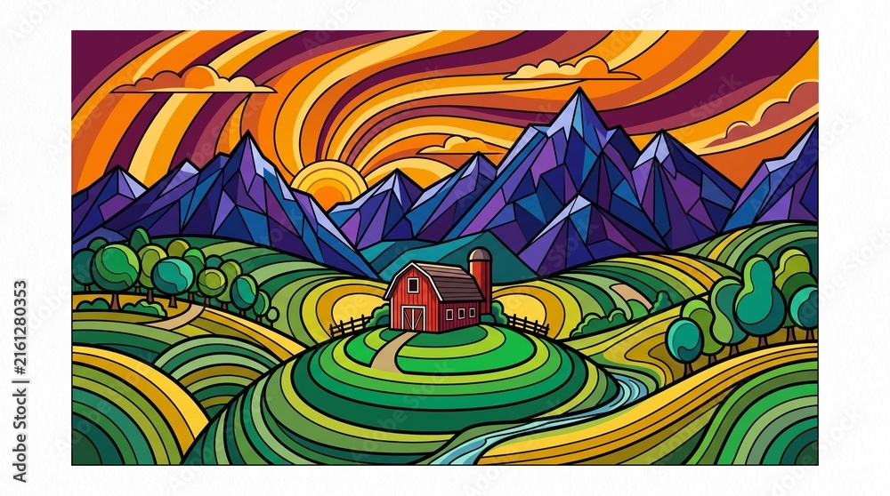 Fototapeta premium Red barn stands on rolling green hills against a vibrant swirling sky and purple mountains.