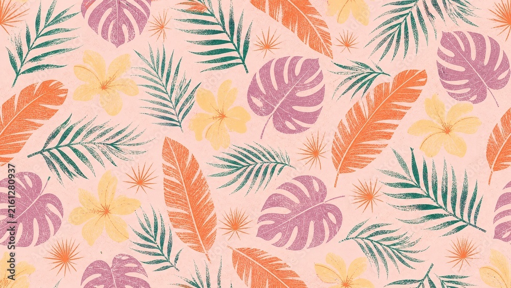 Tropical seamless pattern with palm leaves and frangipani flowers. Pastel botanical background. Exotic summer floral textile design.