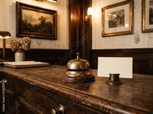 Classic Hotel Reception Desk With Vintage Bell And Artwork Display