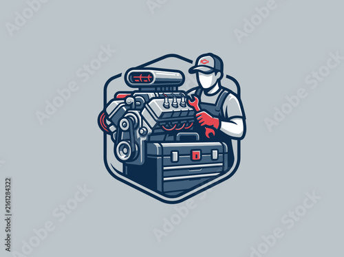 High performance car engine repair service emblem.