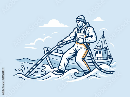 Illustration of fisherman pulling heavy rope on boat deck.