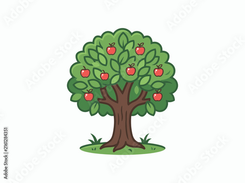Illustration of a green apple tree with red fruit.