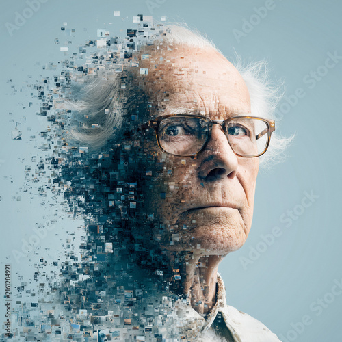 man dissolving into pictures of memories of his life