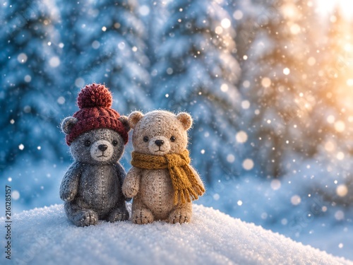 Two cute knitted teddy bears wearing a red hat and a yellow scarf sitting on a snowy hill in a winter forest with soft light and snowflakes