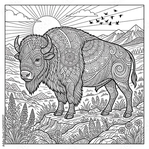Intricate patterned bison standing in mountain landscape line art