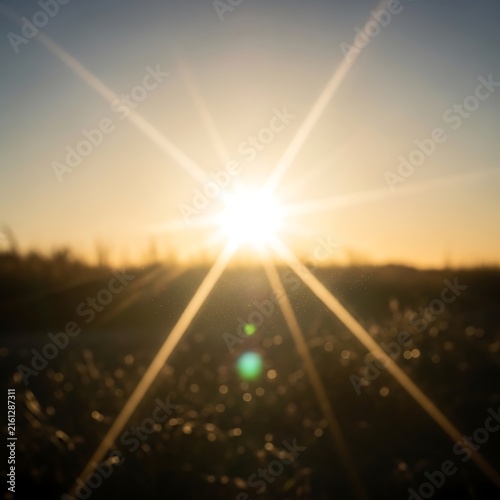 Bright sun starburst shining over a blurred field at sunset