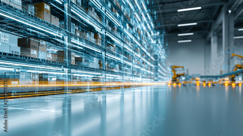 Futuristic distribution center with glowing blue data lines and automated shelving for e-commerce.