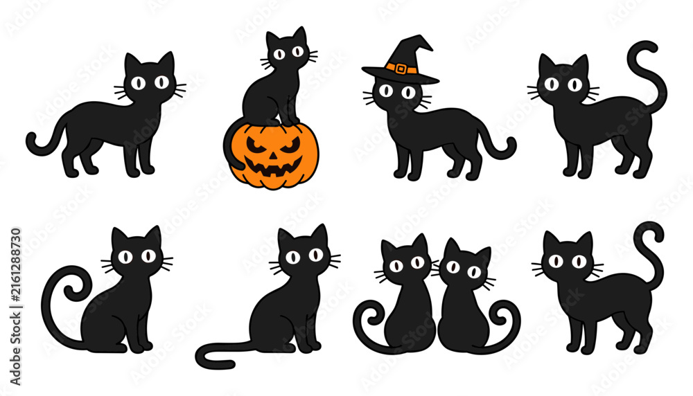 Obraz premium Halloween black cat vector characters set with spooky pumpkin lantern witch hat and cute kittens isolated on white background for seasonal designs