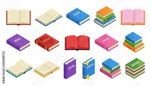 Foto Isometric book vector elements set featuring colorful stacks open books closed