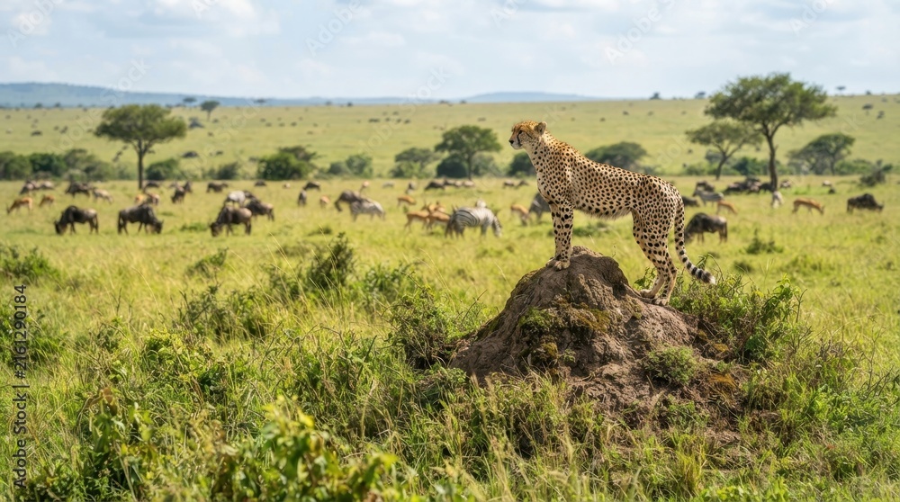 Naklejka premium Majestic cheetah surveys the savanna from its vantage point atop a termite mound