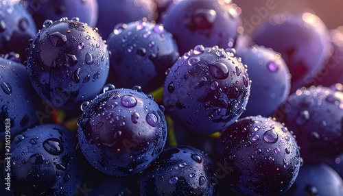 Fresh, juicy blue grapes glistening with morning dew drops, close-up macro shot showcasing the vibrant fruit