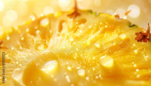 Refreshing golden pineapple slice with sparkling dew drops and summer sunlight glow