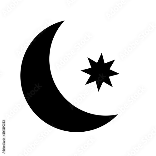 Minimalist black crescent moon and eight-pointed star symbol on a white background, suitable for night, astronomy, astrology, spirituality, dreams, fantasy and celestial themed designs.