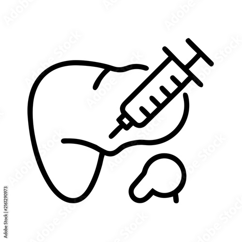 Liver biopsy medical procedure with syringe needle and tissue sample.