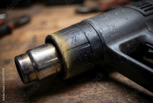 Macro close up of a hot air heat gun plastic housing near the metal nozzle