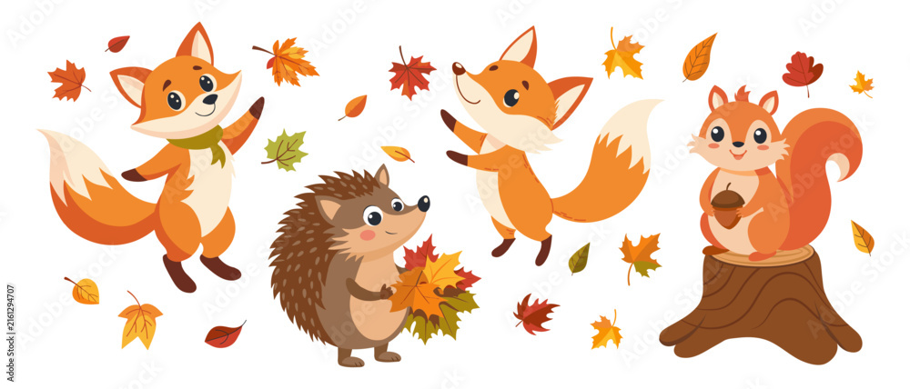 Obraz premium Autumn set of cute forest animals. Fox, hedgehog, squirrel with acorn, maple leaves. Fall season Illustration.