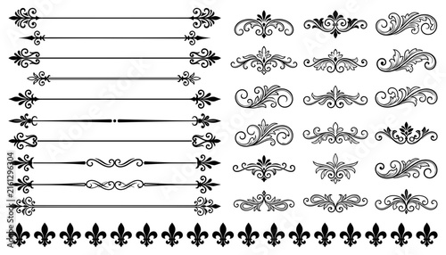 Vintage ornamental dividers and baroque flourish elements collection with decorative fleur de lis borders for invitation design