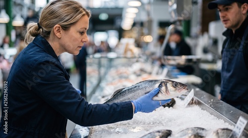 Woman shopping for fresh fish at market