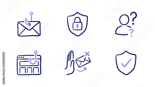 Set of hand-drawn icons illustrating cybersecurity and phishing awareness concepts, featuring secure shields and scam emails in minimal linear style.