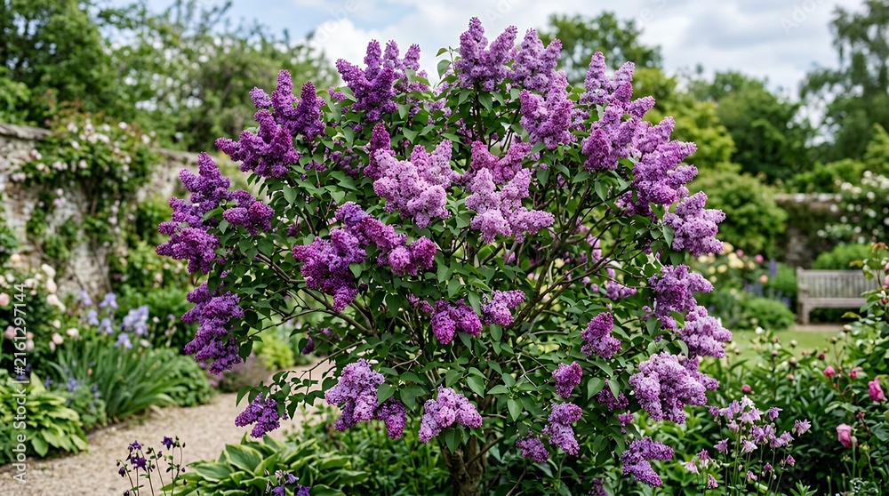 Obraz premium Beautiful blooming common lilac shrub with clusters of fragrant purple and pink flowers in late spring background lilac blooming blossom shrub bush flowers purple pink fragrant aroma nature botany