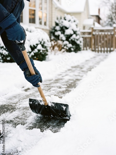 Person shoveling snow from a residential driveway. Winter maintenance service with clean access, property care, seasonal labor. Background  for an advertisement banner with copy space.